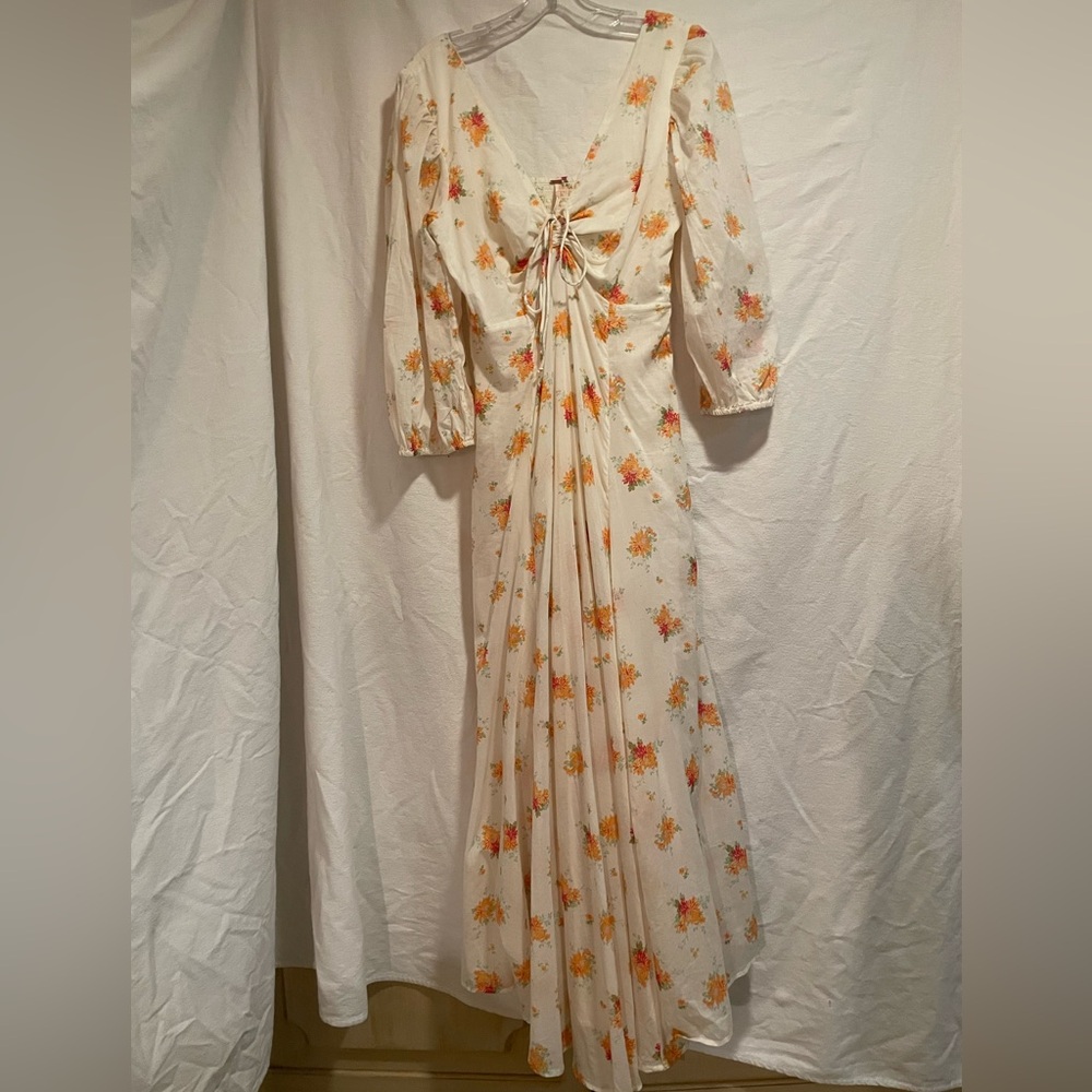 Free People Cream Long Sleeve Maxi Dress with Orange Floral Print